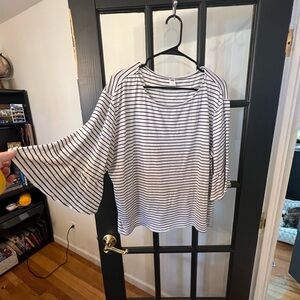 Large white and black stripe bell sleeve top